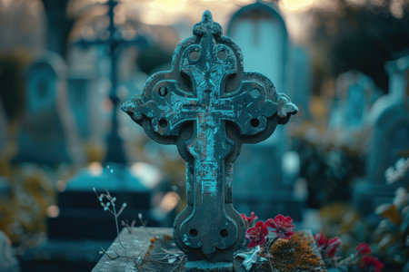 Catholic cemetery with a cross by the grave. Funeral concept.の素材