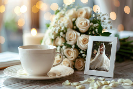 Elegant wedding photo beside morning teaの素材