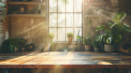 A bright attic workspace with large windows, wooden furniture, and plenty of natural lightの素材