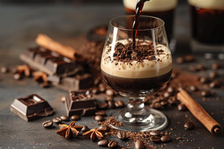 Pouring chocolate drink with coffee beansの素材