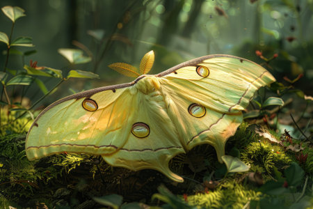 Luna moth resting on forest floorの素材