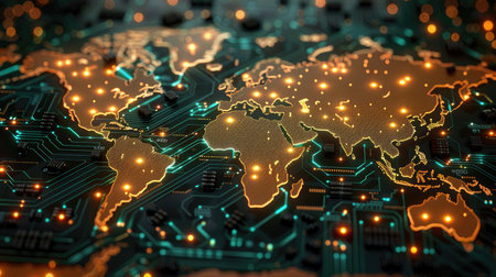World map digital tech circuit board backgroundの素材