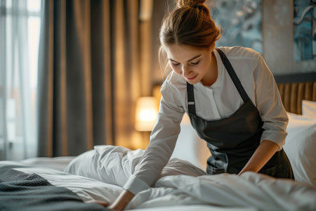 Hotel housekeeper making the bed with careの素材