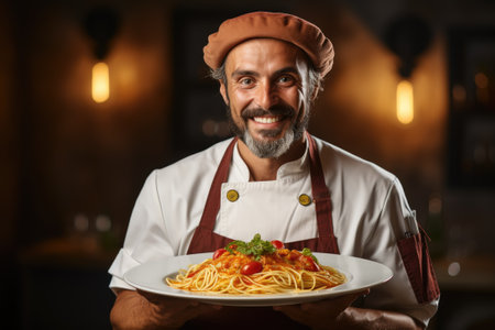 Cheerful chef presenting a plate of pastaの素材