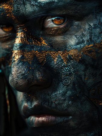 Face of an Aztec warrior on a black backgroundの素材
