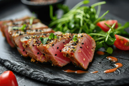 Fried tuna steak in black sesame on black stone plateの素材