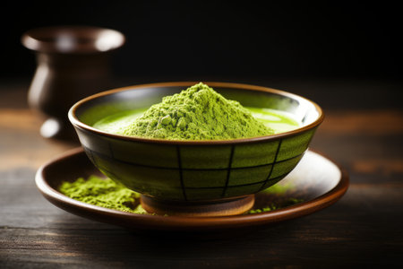 Japanese matcha green tea. Japanese matcha green powdered tea served in matcha bowlの素材