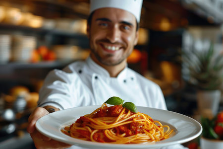 Cheerful chef presenting a plate of pastaの素材