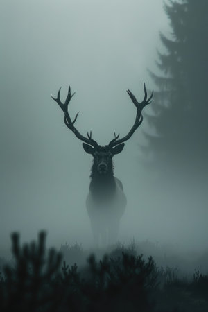 Majestic red deer stag with impressive antlers standing in a foggy forest landscapeの素材
