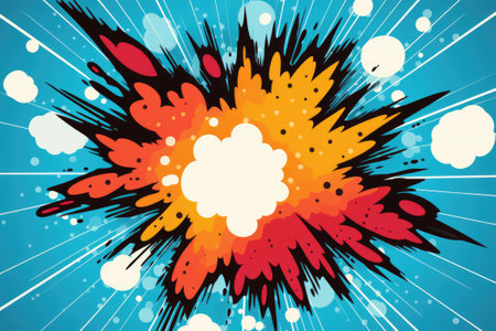 Bold and colorful comic style explosion cloud against a dotted blue backdrop in classic pop art traditionの素材
