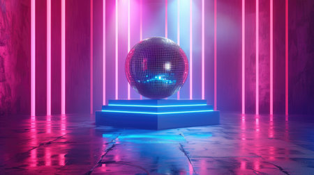 Futuristic glowing sphere with neon lights. Disco ball in neon lighting on podium or stageの素材