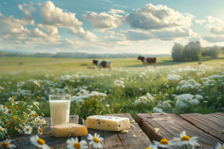 Empty wooden table with cheese and glass of milk. Cows grazing in the meadow in the background. Natural stage, background suitable for products or products for presentationの素材