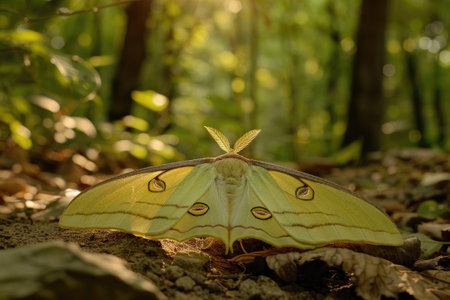 Luna moth resting on forest floorの素材