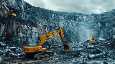 Excavator in a deep quarry mining rockの素材
