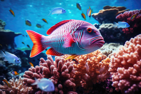 Fish over a coral reef in the sea.の素材
