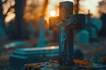 Catholic cemetery with a cross by the grave. Funeral concept.の素材