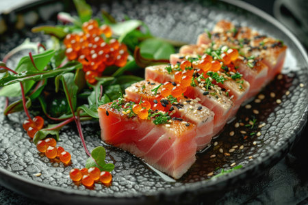 Sesame crusted tuna served with fresh vegetables and caviarの素材