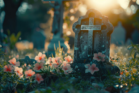 Catholic cemetery with a cross by the grave. Funeral concept.の素材