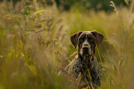 Hunting dog in tall grass. German Shorthaired Pointer.の素材