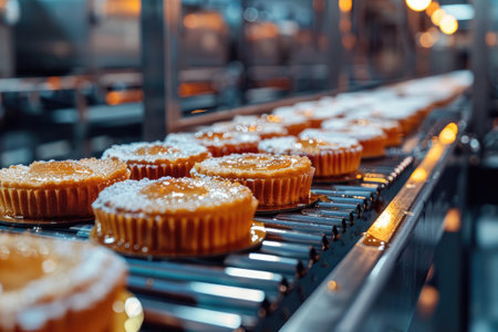 Delicious pies being baked and conveyed in a modern food factory settingの素材