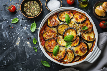 Eggplant casserole with cheese and tomato sauce in a white baking dish on a black background with ingredients for cooking. Vegetarian healthy foodの素材