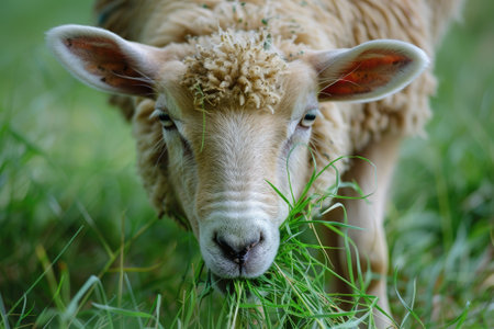 Sheep eating grass on pastureの素材