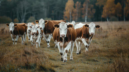 Brown and white cattle walking on pasture, farm animalsの素材