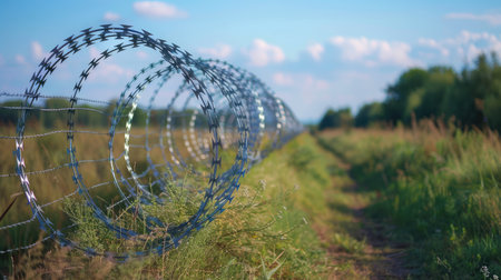 Barbed and razor wire fence. Fencing the state border against immigrationの素材