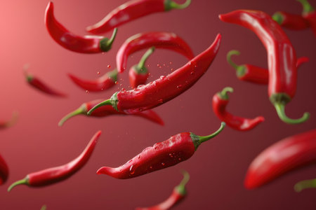 Red chili peppers suspended in air against a vibrant red background for a dynamic compositionの素材