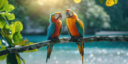 Two colorful parrots on a branchの素材