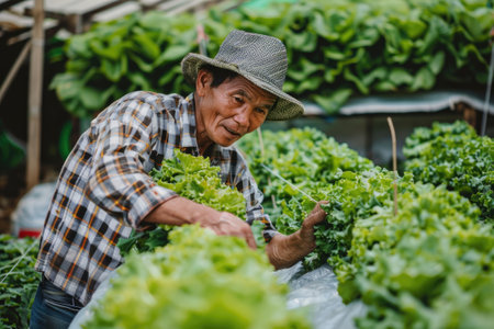 Farmer in a hat is harvesting green lettuce plants in a hydroponic agriculture setupの素材