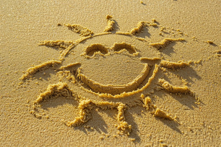 Smiling sun drawing in the sand on a beachの素材
