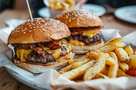 Deliciously staged gourmet burgers with melted cheese and rustic friesの素材