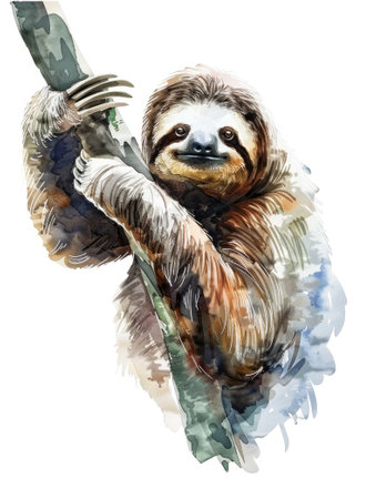 Watercolor illustration of a sloth hanging from a tree branchの素材
