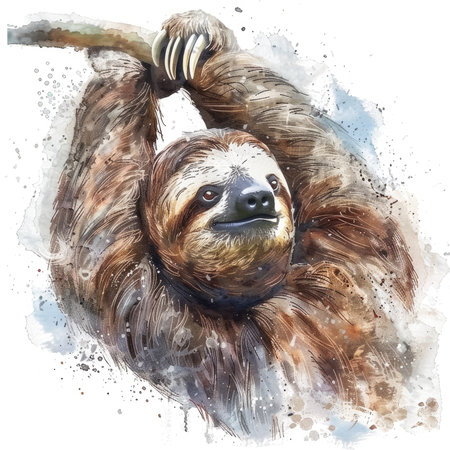 Watercolor illustration of a sloth hanging from a tree branchの素材