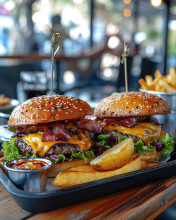 Deliciously staged gourmet burgers with melted cheese and rustic friesの素材
