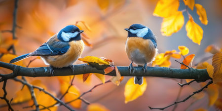 Two blue tit sitting on a branch with autumn leavesの素材