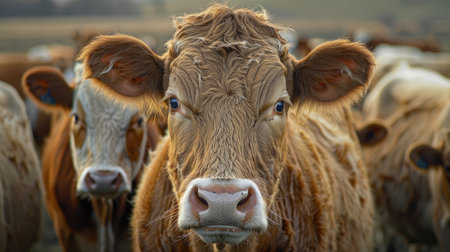 Close-up of a curious brown cow in a fieldの素材