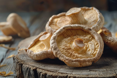 Fresh shiitake mushrooms on rustic wooden table.の素材