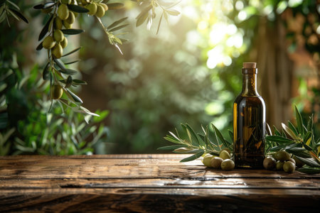 Empty wooden table with olives and a bottle of olive oil. Natural podium, background suitable for product presentationの素材