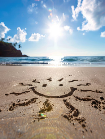 Smiling sun drawing in the sand on a beachの素材