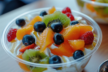 Fruit salad with yogurt on table.の素材