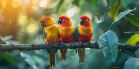 Tropical birds sitting on a tree branch in the rainforestの素材