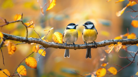 Two titmice are sitting on a branch with autumn leavesの素材