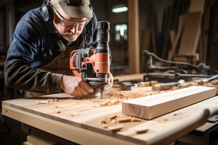 An experienced carpenter operates power tools to shape woodの素材
