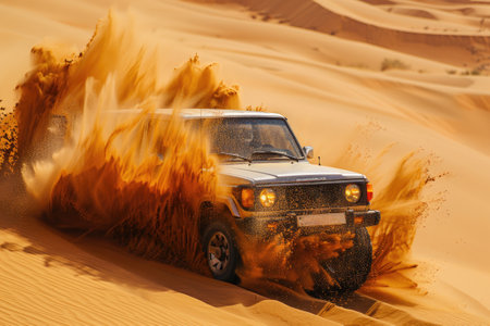 SUV powering through a sandy desertの素材