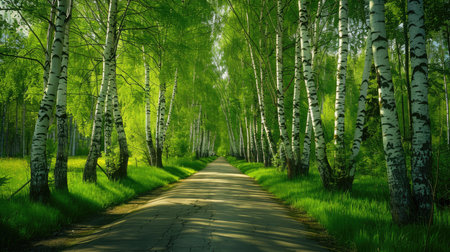 Serene birch tree lined dirt road, beautiful green birch alleyの素材