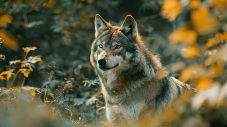 Majestic wolf standing in forest with autumn leavesの素材