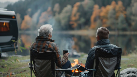 A couple sits beside a warm campfire and a camper van in the wooded campsiteの素材