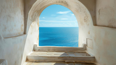 Beautiful stone archway view of the sea and distant islands on a sunny day.の素材